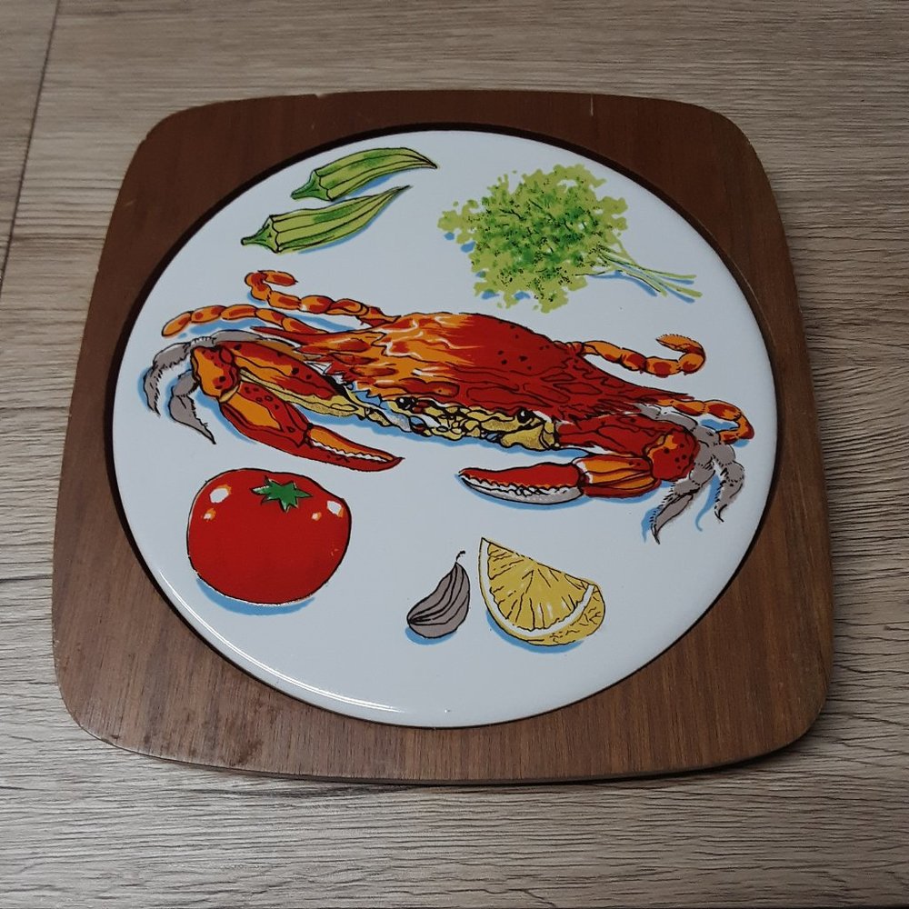Vintage Wooden & Ceramic Tile Hot Pad Trivet Crab & Vegetables Art Plaque Tray